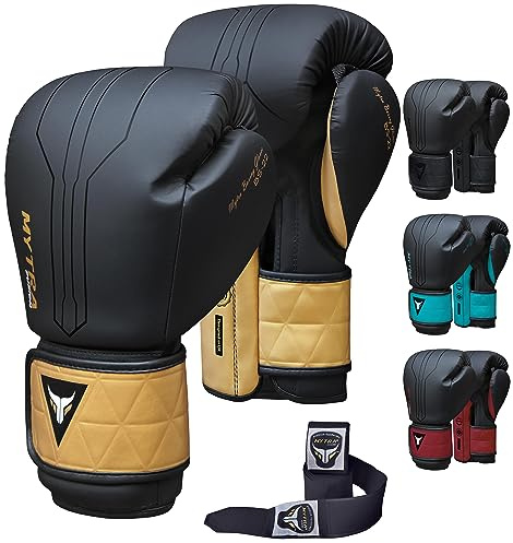 Mytra Fusion Guantes de Entrenamiento Incluido con envolturas para Manos Gratis, Guantes de Boxeo MMA Training y Guantes Muay Thai para Mujer y Hombre (Black/Gold, 16-oz)