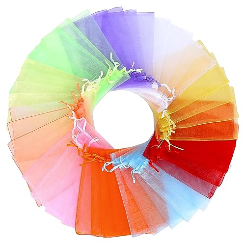 Angooni 200 Stück Bunte Organzasäckchen mit Kordelzug 10 x 15 cm