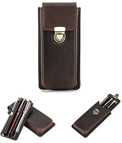 Hiram Federmäppchen aus Lederaus Leder für 3 Füllfederhalter Tragbar Echtes Leder Aufbewahrungsetui für Füllfederhalter mit Gesichertem Messingverschluss und Stiftablage-Design (Kaffee)