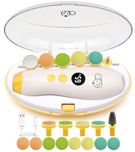 Royal Angels Lima de Uñas Eléctrica Recargable para Bebé 22 en 1 con Pantalla LCD, Estuche Rotulado, 13 Almohadillas Extra, 4 Velocidades, Cortador Seguro y Silencioso con Luz LED (recargable, mango)