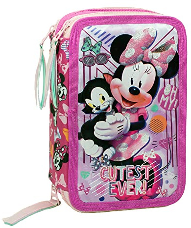 MINNIE - ASTUCCIO SCUOLA 3 ZIP MINNIE - TOPOLINA E FIGARO - COMPLETO DI 44 PEZZI - PRODOTTO UFFICIALE DISNEY (ROSA/FUCSIA)