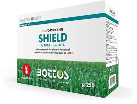 Bottos SHIELD, Fitofortificante che eleva le naturali capacità di resistenza del tappeto erboso in Estate, concime fertilizzante liquido con Rame e Ferro,potenziatore delle difese delle piante (250gr)
