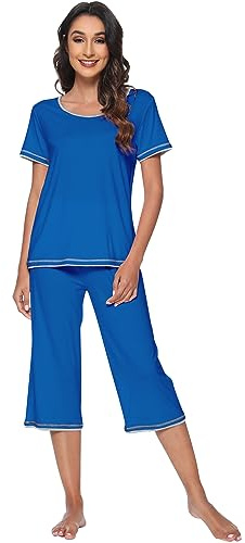 WiWi Conjunto de pijama para mujer, ropa de dormir de verano, parte superior suave, pantalones capri, pijamas, conjuntos de pijama de viscosa de bambú S-XXL, B-azul brillante, Large