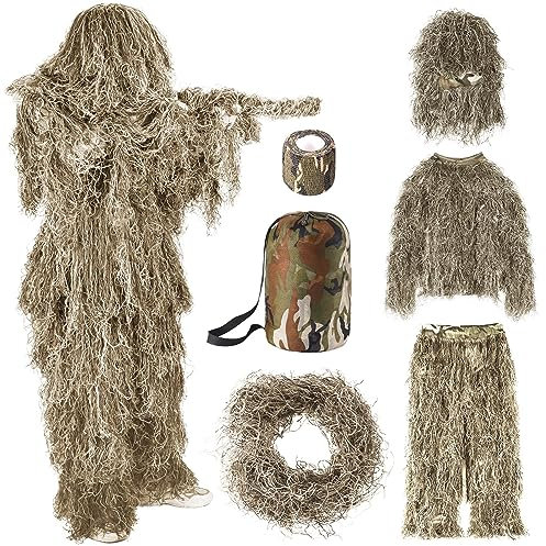 SOROVEE 6-i-1 Ghillie-dräkt, 3D-kamouflage jaktkläder inklusive jacka, byxor, huva, bärväska och kamou-tejp, lämplig för män på jakt, militär, krypskytt Airsoft, paintball, halloween-kostym