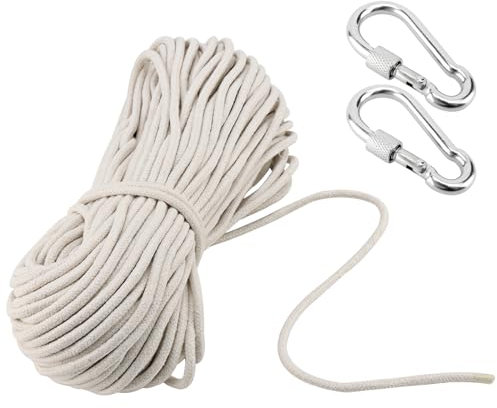 MAHIONG 6mm x 50m Soft Cotton Rope, 164 Feet 1/4 Inch Thick Cotton Rope Washing Line with Hooks, Multipurpose Macrame Cord for Outdoor DIY Decoration