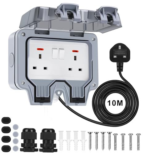 WOFKNIF Double Outdoor Socket with 10m Extension Lead,Outside Plug Socket IP66 Waterproof 13Amp 2 Gang Switched Cover,Wall Electrical Outlet Box…