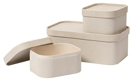 LA JOLIE MUSE Fluted Cardboard Storage Baskets with Leather-Like Lids, Sturdy Stackable Paper Boxes Decorative Tray,Grey, Set of 3