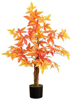 Nearly Natural 3-FT Deluxe Autumn Artificial Maple Tree, Faux Fall Décor for Home, Decorations for Fall, Autumn, Thanksgiving, and Halloween with Black Nursery Pot