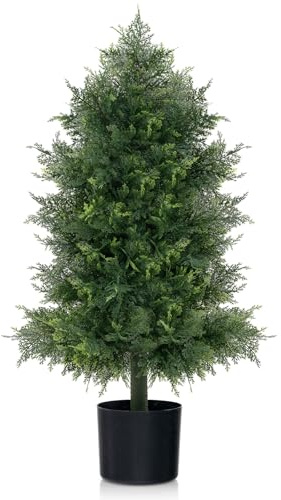 GIANTEX Árbol de Cedro Artificial con Hojas de PE Realistas, 80 cm Alto, Planta Artificial con Base Rellena de Cemento, Planta Decorativa para Casa, Oficina, Porche