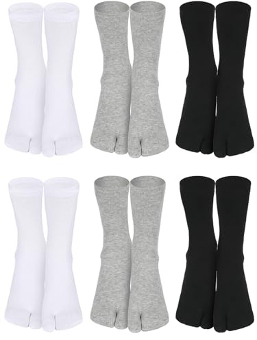 BOARDFEB 6 pares de calcetines Tabi elásticos divididos con dos dedos del pie, calcetines de algodón para sandalias japonesas, calcetines separados para hombres y mujeres, unisex, Gris Negro Blanco,