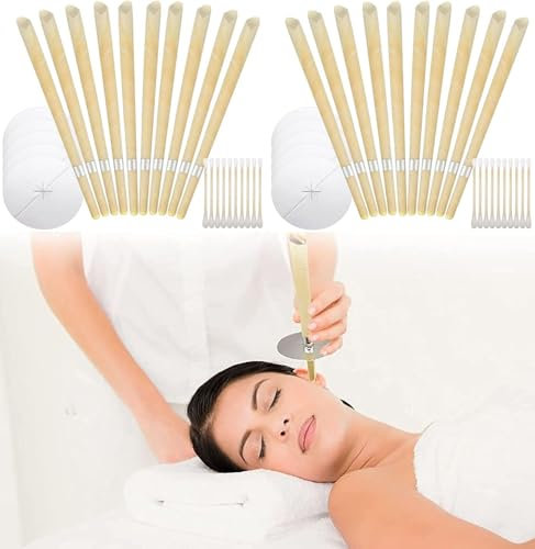 JAONLD Ear Candles, 20 Pcs Natural Beeswax Ear Candles Cones Hollow Candles Non-Toxic Ear Wax Remover Candle Kit for Blocked Ears with 10 Protective Disks+20 Cotton Swab