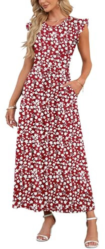 AUSELILY Women Summer Maxi Dress Ruffle Petal Short Sleeve Dresses with Pockets Casual Crew Neck Beach Long Dress Elegant Floral Red XL