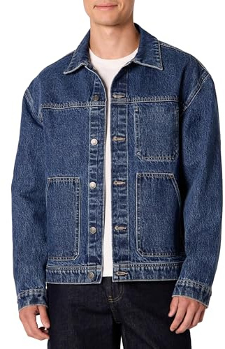 Amazon Essentials Chaqueta Funcional Vaquera Rígida de Corte Holgado Hombre, Azul Medio Teñido, XXL