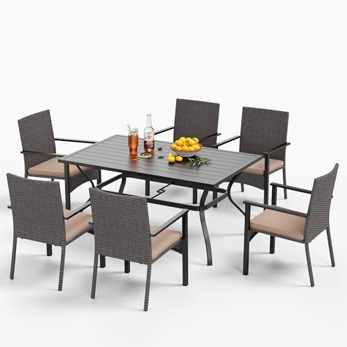 MFSTUDIO 7 Piece Patio Dining Set Including 6 Rattan Chairs with Cushions and 150cm Rectangular Metal Slat Table,4cm Umbrella Hole,Outdoor Furniture Set for Garden,Patio,Balcony