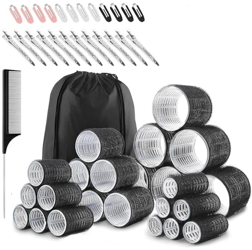 50 Pcs hair rollers of self-grip for long, medium, & short hair with 4 Sizes (60/48/36/25mm) Rollers (6 jumbo, 6 large, 6 medium, and 6 small rollers plus 1 storage bag) and 24 pieces of hair clips
