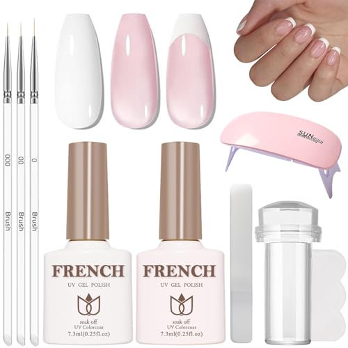 DMQ French Manicure Nail Polish Kit, Jelly Pink and White Gel Nail Polish Set, French Tip Gel Polish with UV/LED Lamp, Nail Art Pen and Nail Stamper, UV Nail Varnish Kit for Manicure Tip Nail Salon