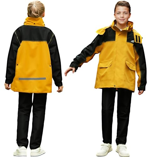 Domueay Chubasqueros Impermeables para Infantil, Ligero Unisex Abrigos Traje de Lluvia Niños Niñas, Chaqueta y Pantalones Set, Impermeable Trekking Exteriores Deporte Ropa 9-10 Años, Amarillo