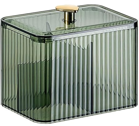 SENRISE Cotton Pad Holder 3 Compartment Cotton Bud Dispenser Apothecary Jar Bathroom Container with Lid for Cosmetics Storage Vanity Organization, Green
