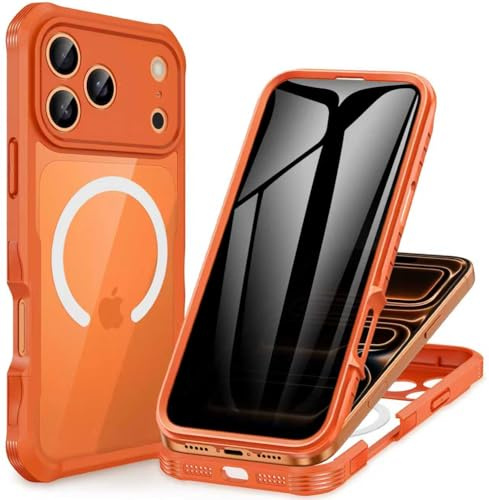 CENHUFO Magnética Antiespia Funda iPhone 17 Pro Max [Compatible con MagSafe] Integrado 9H Cristal Templado Protector Pantalla y Protector Cámara, 360 Grados Antigolpes Carcasa Capa Doble Case -Naranja