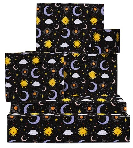 Black Celestial Papel De Regalo - Negro - 6 Hojas With Moons Suns & Stars - Cumpleaños Papel De Regalo For Teens Adultos & Astrology Lovers - Navidad Holidays Halloween - By Central 23