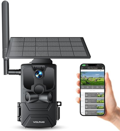 WOLFANG 4G LTE Cellular Wildlife Camera Solar Powered, 7800 mAh Battery, 2.5K Cellular Trail Camera with APP Control Built-in SIM No-Glow Night Vision 0.2s Trigger Motion Activated Waterproof,Black