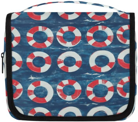 Kuquteed Red Lifebuoy Hanging Toiletry Bag for Women Men Blue Sea Makeup Cosmetic Bag Water Resistant Portable Toiletries Organizer Bag for Travel Accessories Essentials