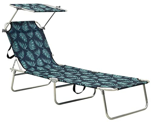 Frdhee Chaise longue, chaise longue de plage, chaise de jardin, chaise de plage, chaise de relaxation, chaise longue d'extérieur pliante avec toit pare-soleil motif feuilles en aluminium pour terrasse