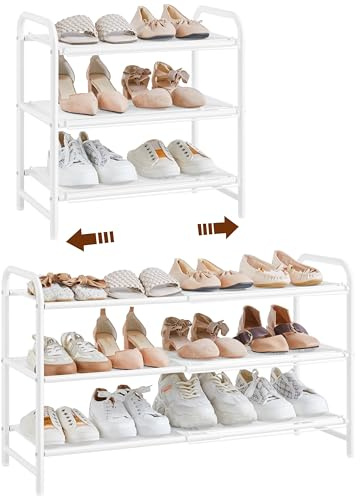 Yaheetech 3 Tier Extendable Shoe Rack with Mesh Shelf, Adjustable Shoe Organiser for Closet, Tool-Free Assembly, Stable Construction, Free Standing Shoe Rack for Small Space, White