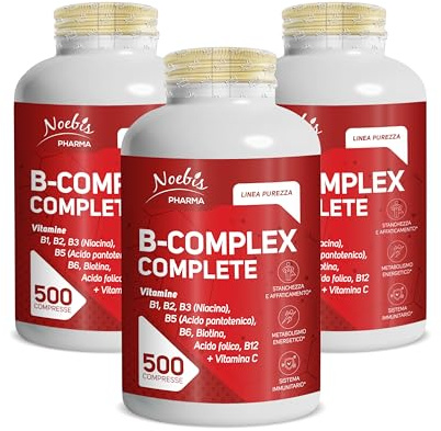Vitamina B Complex Noebis Pharma con Vitamina C - B1 B2 B3 B5 B6 Biotina Acido Folico B12-500 Compresse Maxi Scorta (Confezione da 3)