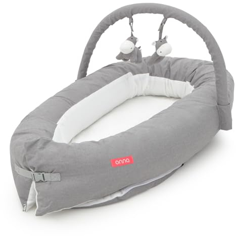 ONNA | Nido Nara para Bebés de 0 a 6 Meses | Con Arco de Juegos | Reposacabezas Transpirable Antiplagiocefalia | Evolutivo y Desmontable (Gris)