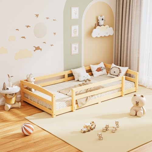 Meulbaty 190 x 90 cm Toddler Floor Bed, Montessori Floor Bed Inspired with Rails and 2 Openings, Children's bed for Toddlers 1-3 Years Old - Natural Wood