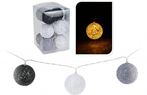 Home & Style 10er LED Lichterkette Grau Weiß 180cm Batterie Lampions Ø 6cm Raphia Kugeln
