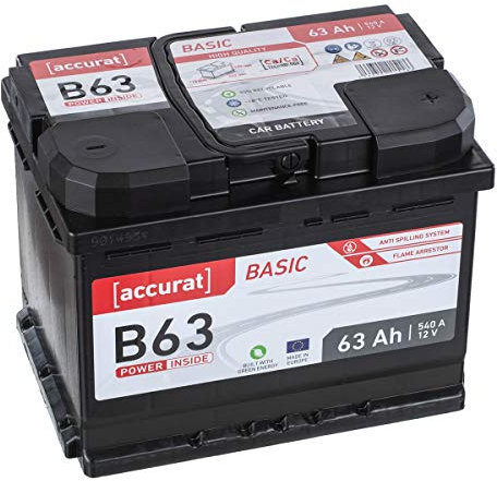 Accurat Basic B63 Autobatterie - 12V, 63Ah, 560A, zyklenfest, wartungsfrei, 30% mehr Startleistung, Ca-Technologie, Pluspol rechts- Starterbatterie, Nassbatterie, Blei-Säure Batterie