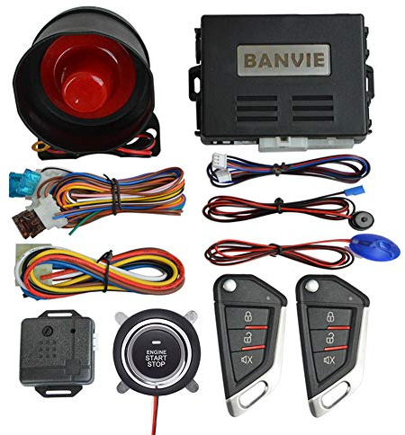 BANVIE Car Alarm System with Remote Engine Start and Push to Start Stop Iginition Button Kit