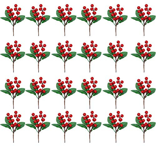 WILLBOND 24 Pieces Artificial Christmas Berry Picking Berry Branches Holly Leaves Picking Fake Berries Christmas Crafts Party Holiday Decoration (Natural Color)