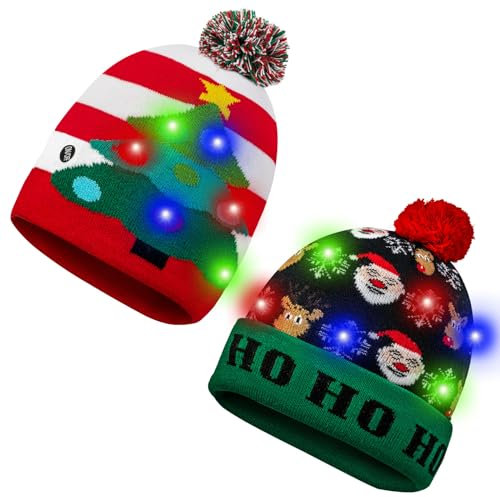 SHOKUTO 2Pcs Christmas LED Light Up Hats, Xmas Beanie Knitted Hat with 6 Colorful LED - Unisex Novelty Christmas Hat, Ugly Sweater Holiday Beanie Cap for Children and Adults