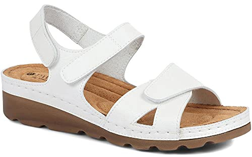 Pavers Women's Sandals in White with Adjustable Soft Straps - Memory Foam Suede Footbed - Comfortable Fit Lightweight Footwear - Size UK 6 / EU 39