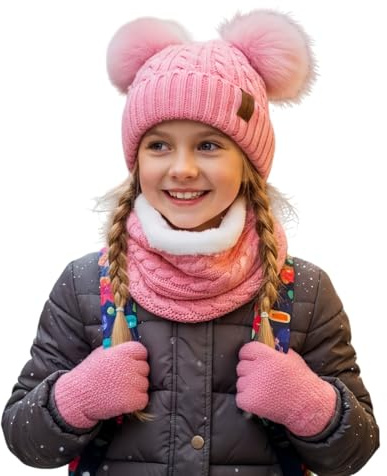 Kids Winter Hats Gloves Scarf Set for Girls Toddler Beanie Baby Neck Warmer Warm Thick Fleece Lining Thermal Pink Knit Cap with Cute Pom Pom for 6-10 Years Old, Gifts for Childrens