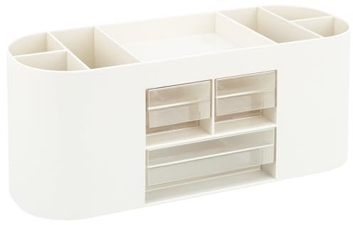 Uquelic Schreibtisch Organizer - Stiftehalter mit 7 Fächer und 3 Schubladen, Make-Up Pinselhalter Stifttopf Organizer für Büro, Schule, Haushaltsbedarf - Weiß (26 x 10 x 9,5 CM)