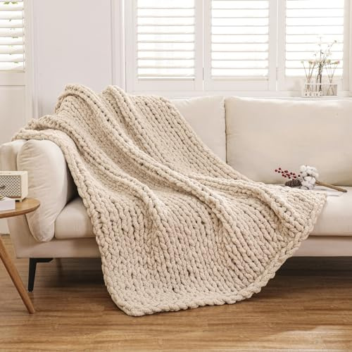WESHIONGOO Chunky Knit Blanket Throw Knitted Throw Blankets for Couch Bed Fluffy Soft Blanket with Jumbo Chenille Yarn Thick 100% Handmade (Linen, 51×63)