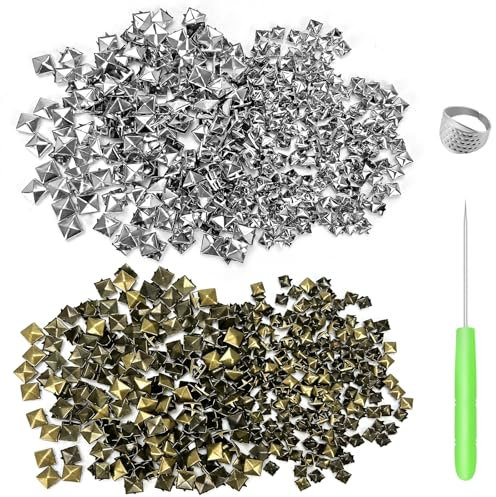 CiShow 800Stk Pyramidennieten, Pyramiden Nieten, Quadratische Nieten, Ziernieten Quadratisch, 7/10mm, mit Fingerhut und Bohrkegel für Kleidung Schuhe DIY Projekte（Bronze+Silber）