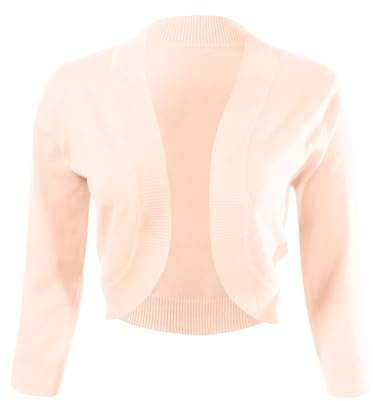 Allsense Women’s Bolero Shrug for Dresses, 3/4 Sleeve Open Front Cropped Cardigan Sweater, Lightweight Knit Formal Cover Up, Peach, XL