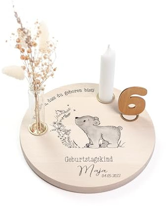 Nord-Kind personalisierter Kerzenteller aus Holz mit Motiv, Namen, Geburtstagskerzen & Zahlen 20cm Ø als Geschenk für Baby & Kinder personalisierter Geburtstagsteller als Geburtstagsdeko (Eisbär)