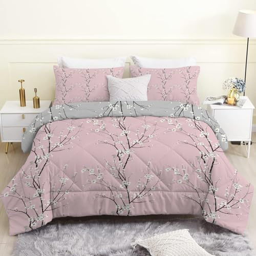 Linfye Fleur Prunier Rose Couette Imprimée 4 Saisons 220x240 cm pour Lit 2 Personnes, Branches Grises Edredon Legere, Réversible Couette sans Houss et 2 Taies d'oreiller 65x65 cm