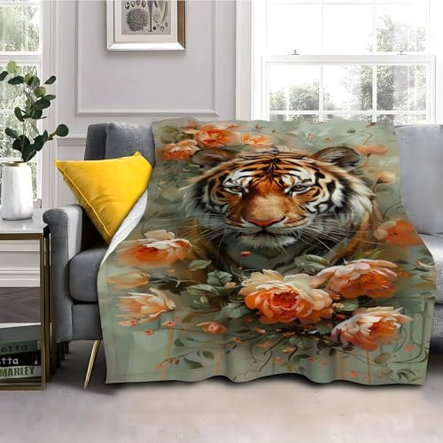 Blumen Drucken Kuscheldecke 70x100cm Tiger Wohndecke Flauschige Warm Weiche Schmusedecke Sofadecke Jungen Mädchen für Wohnzimmer, Schlafzimmer, Camping, Picknick