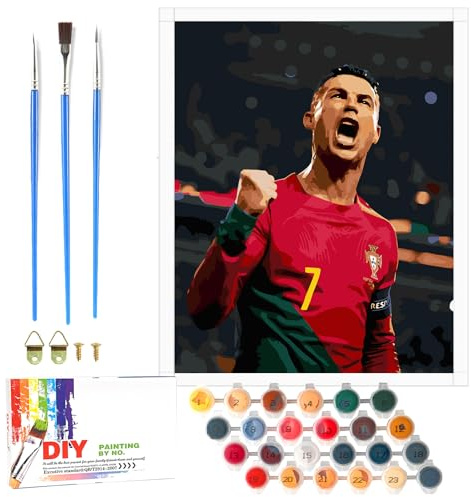 QDUODUO Fussball Malen Nach Zahlen für Erwachsene Junior Kinder Anfänger, CR7 Fußball Painting Bastelset mit Leinwand Pinseln Acrylpigment, 40x50cm Große DIY Gemälde Basteln Kit für Jungen ab 6 Jahre