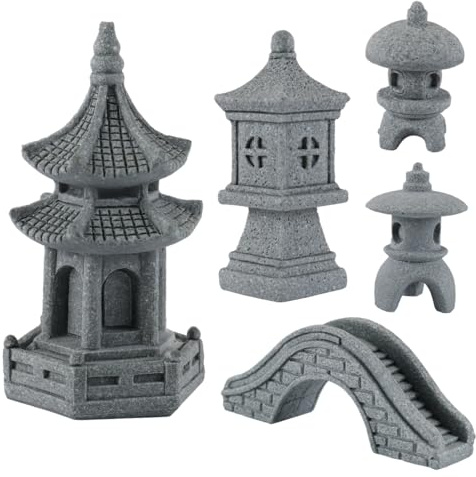 Alnicov Conjunto De Cinco Esculturas De Puente De Linterna De Pagoda Japonesa, Decoración De Jardín De Piedra Antigua para Paisaje Zen, Decoración De Patio De Bonsái En Miniatura