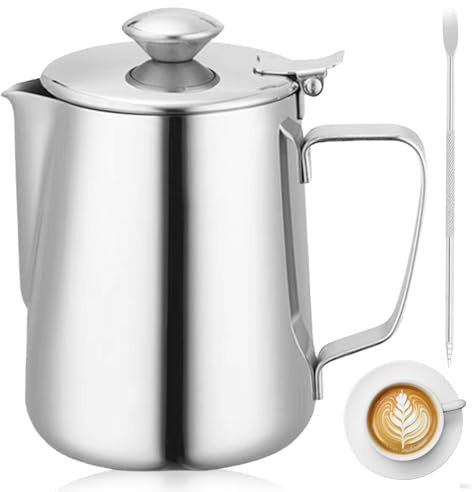 Brocca per latte con coperchio, 350 ml, in acciaio inox, per latte, caffè, caffè, cappuccino (1P)