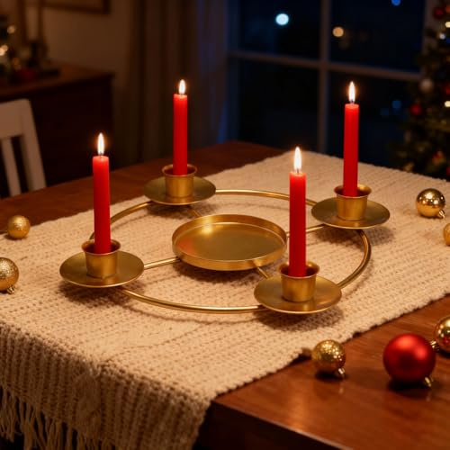 Advent Wreath Candle Holder, Round Advent Candle Holders for 5 Candles Advent and Christmas Decorations, Gold Metal Ring Candles Stand for Table Church Home (Gold-A)