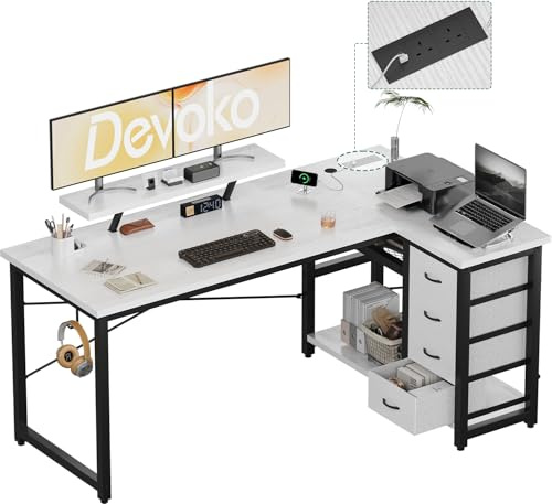 Devoko 140x80cm L Shaped Desk With 4 Drawers&Power Outlets, Computer Corner Desks with Reversible Large Storage Shelves Office Table With Monitor stand，White